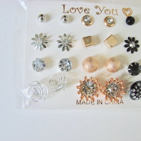Stud Earrings 12 Black Silver Gold Tone Rhinestone Flower Earrings Brand NEW NWT - Picture 4 of 5